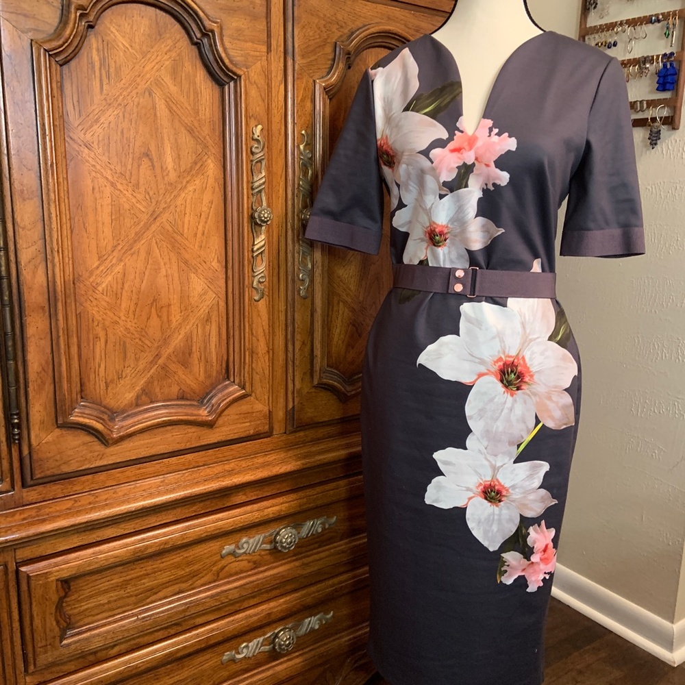 Ted Baker London Grey and Floral Dress in Size 2